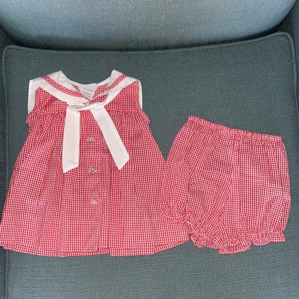 C. I. Castro and company red check sailor dress and bloomers set 3 Months
